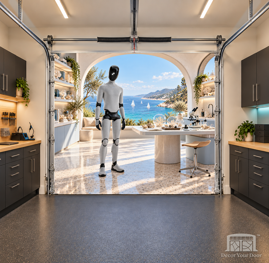 Figure 03 Coastal Discovery Studio interior garage door cover — 8 x 7 ft one-car garage, front view