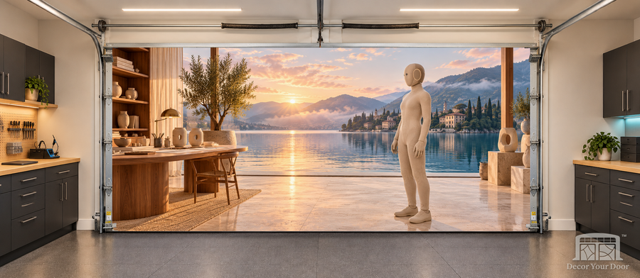 NEO Tan Lakeside Dawn Studio interior garage door cover — 16 x 7 ft two-car garage, front view