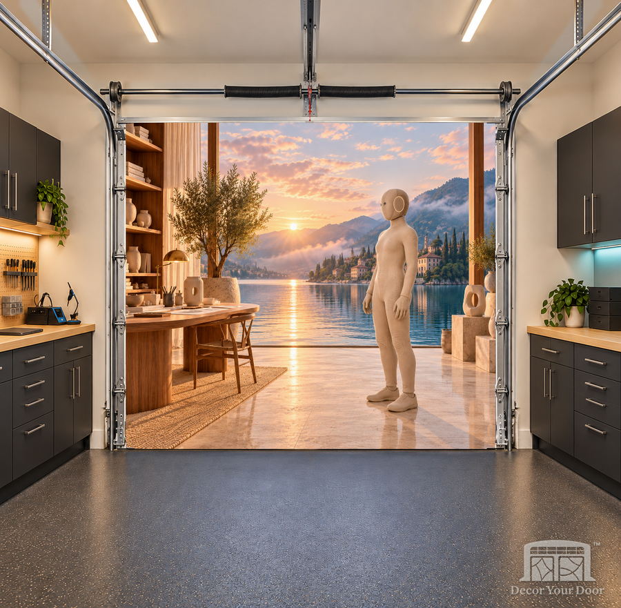 NEO Tan Lakeside Dawn Studio interior garage door cover — 8 x 7 ft one-car garage, front view