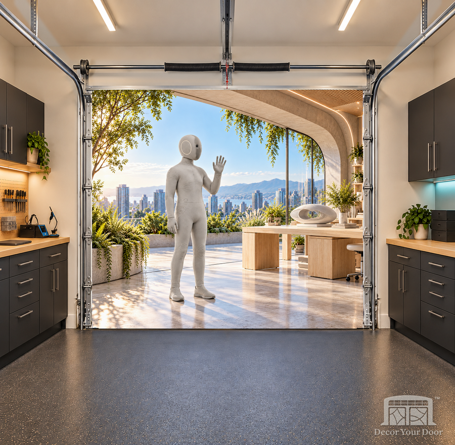 NEO Gray Sky Garden Atelier interior garage door cover — 8 x 7 ft one-car garage, front view