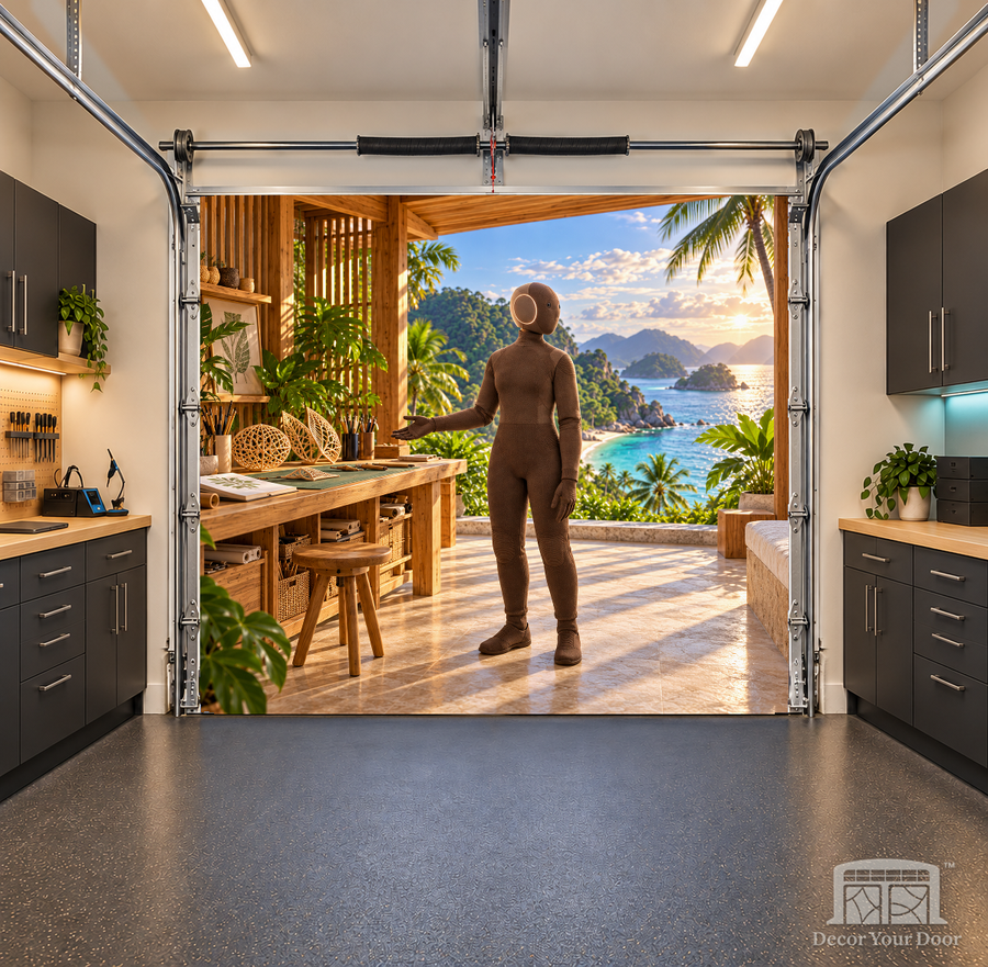 NEO Dark Brown Tropical Horizon Workshop interior garage door cover — 8 x 7 ft one-car garage, front view