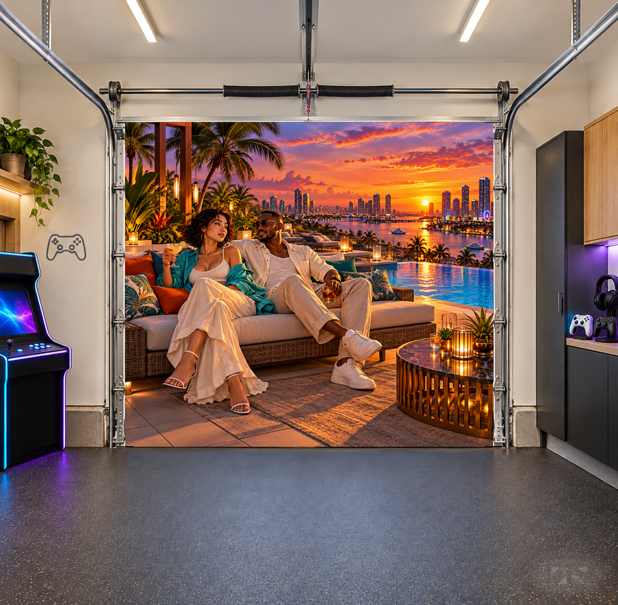 Rooftop Golden Hour interior garage door cover — one car front