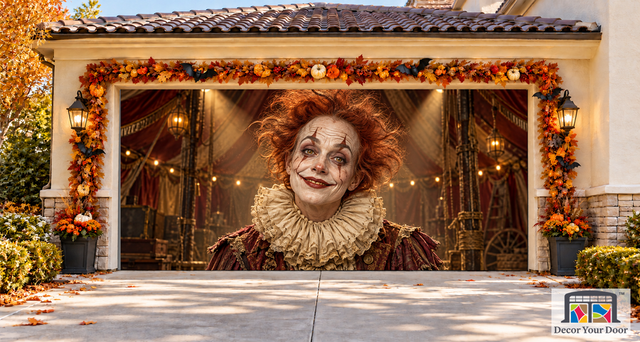 Rust Carnival Clown Halloween garage door cover – Two Car front view