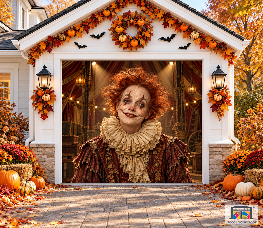 Rust Carnival Clown Halloween garage door cover – One Car front view