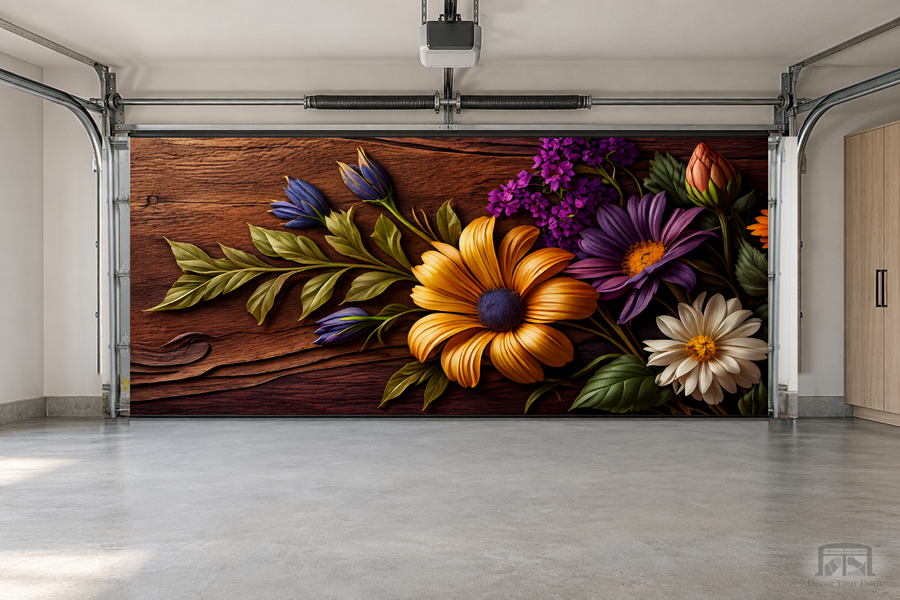 Rustic Bloom Harmony interior garage door cover — two-car garage front view