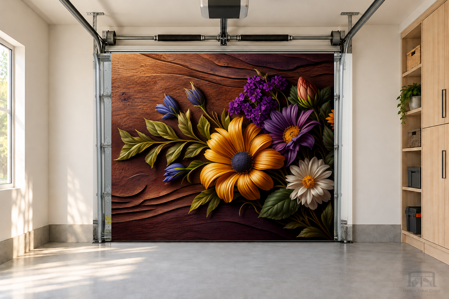 Rustic Bloom Harmony interior garage door cover — one-car garage front view