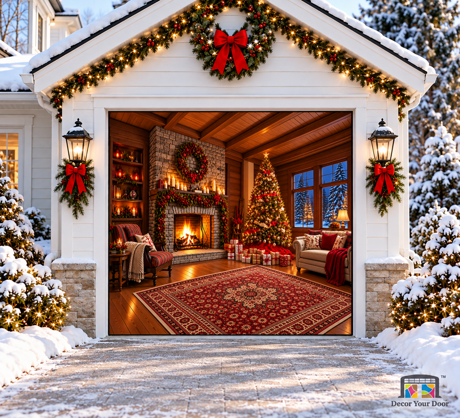 Rustic Fireplace & Tree Christmas Garage Door Cover — one-car garage front view