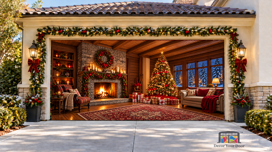 Rustic Fireplace & Tree Christmas Garage Door Cover — two-car garage front view