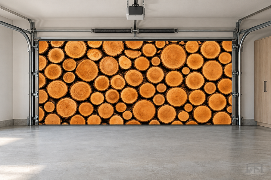 Rustic Log Rounds interior garage door cover — two-car front view