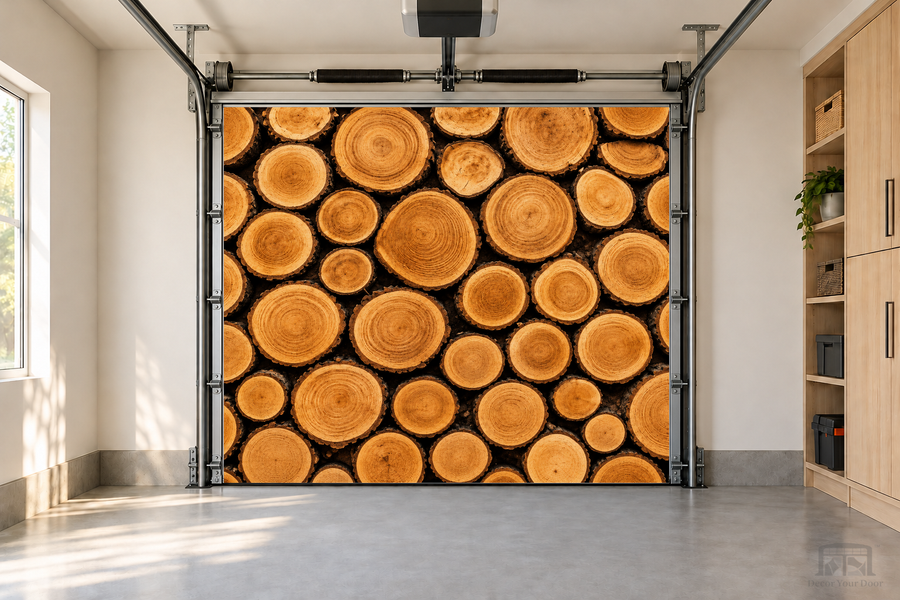 Rustic Log Rounds interior garage door cover — one-car front view