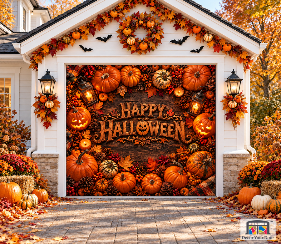 Rustic Pumpkin Greeting Halloween garage door cover – One Car front view