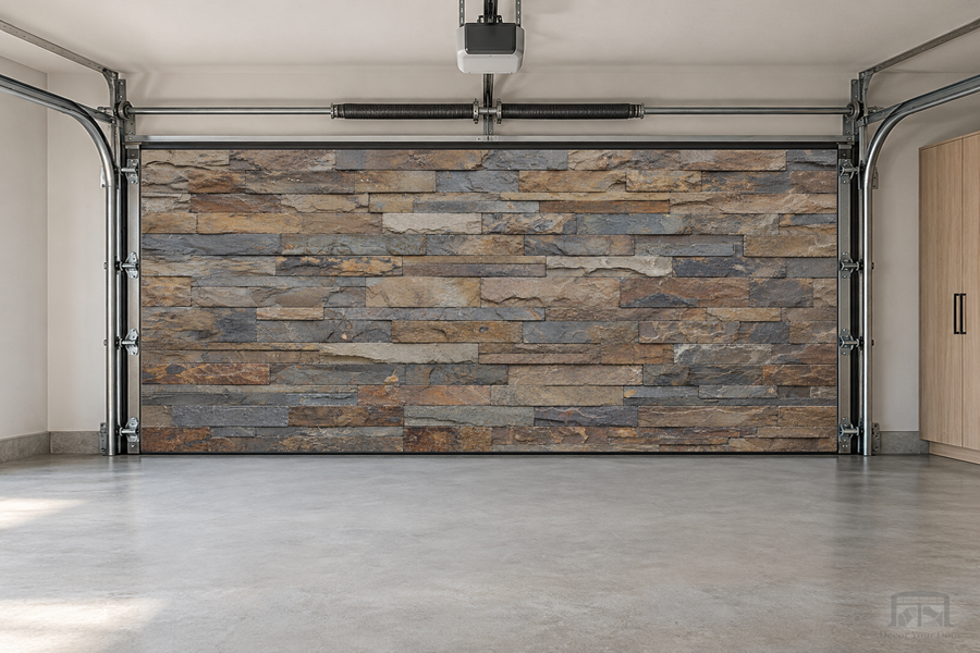 Rustic Slate Stone interior garage door cover — two-car front view