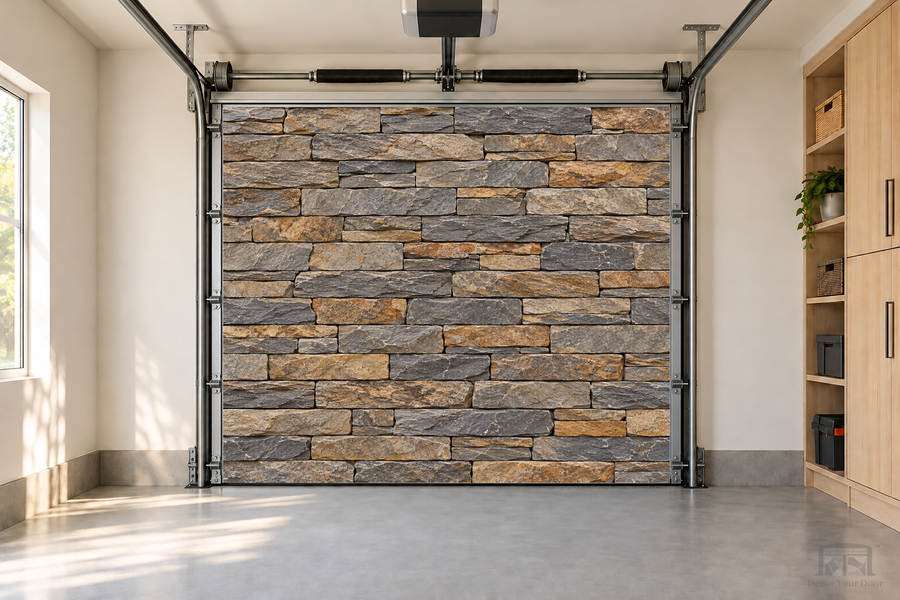 Rustic Slate Stone interior garage door cover — one-car front view