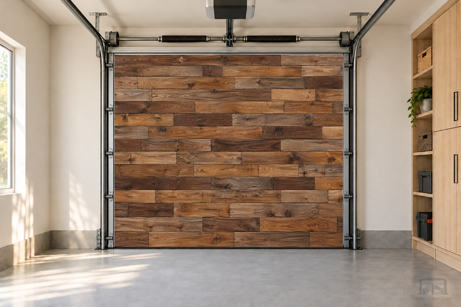 Rustic Wood Plank Wall interior garage door cover — one-car front view