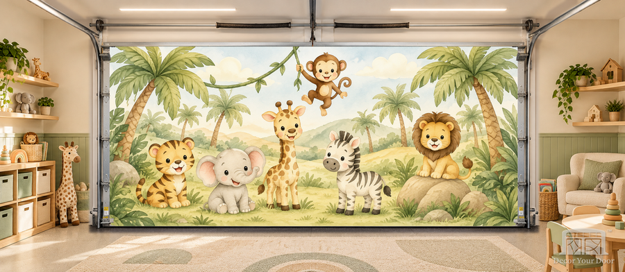 Safari Baby Friends interior garage door cover — TwoCar-front in a nursery garage playroom