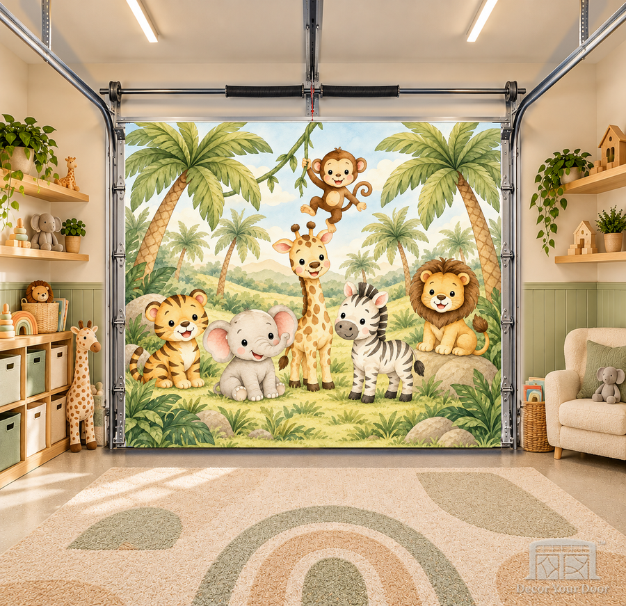Safari Baby Friends interior garage door cover — OneCar-front in a nursery garage playroom