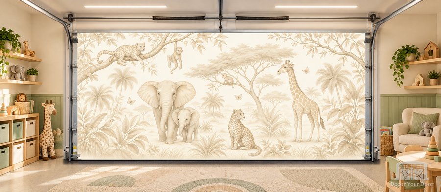 Safari Daydream interior garage door cover — TwoCar-front in a nursery garage playroom