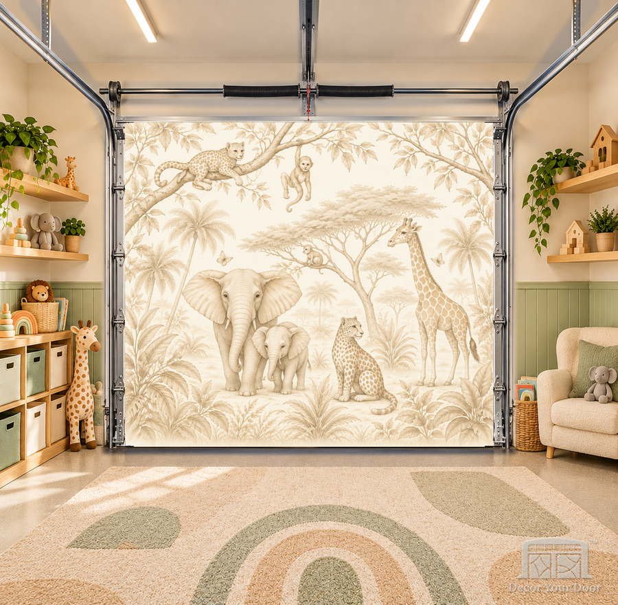 Safari Daydream interior garage door cover — OneCar-front in a nursery garage playroom