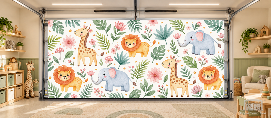 Safari Friends Nursery interior garage door cover — TwoCar-front in a nursery garage playroom