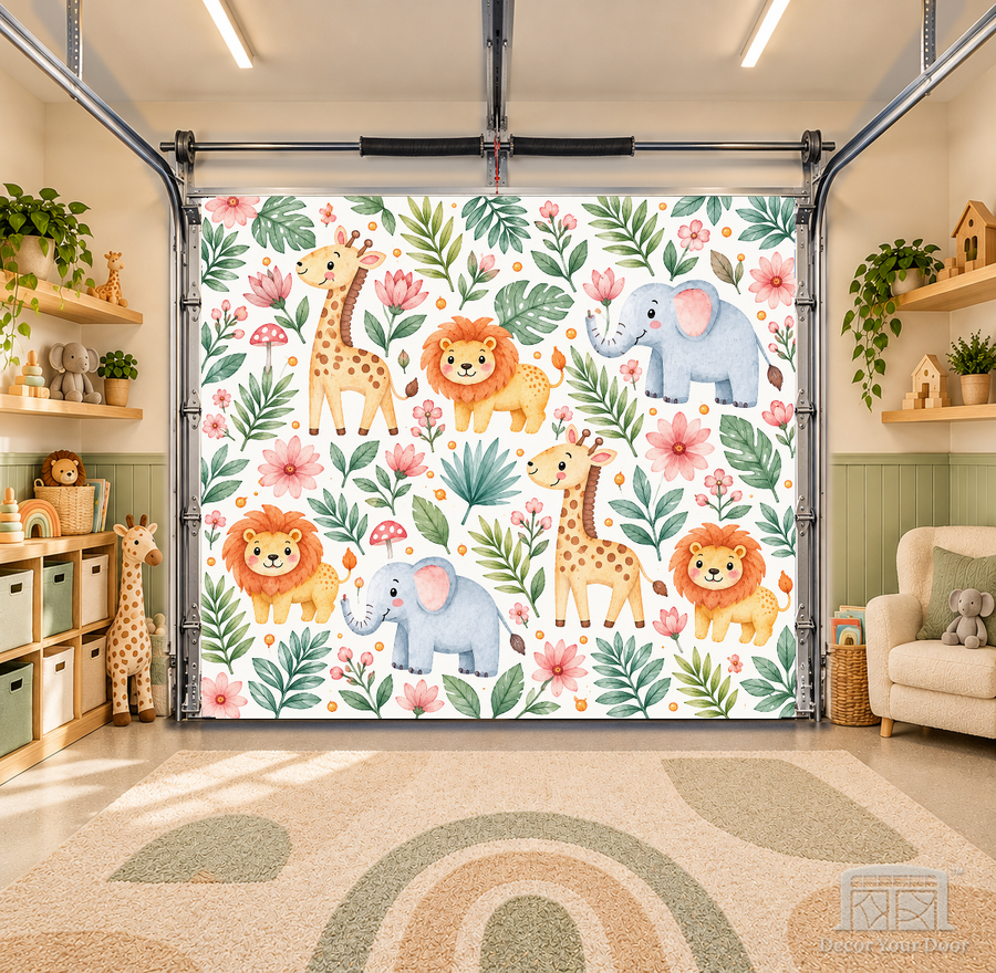 Safari Friends Nursery interior garage door cover — OneCar-front in a nursery garage playroom