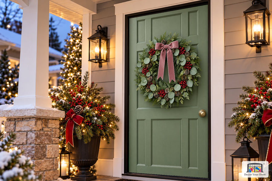 Sage Eucalyptus Christmas Front Door Cover on the approved Christmas porch, angled view.