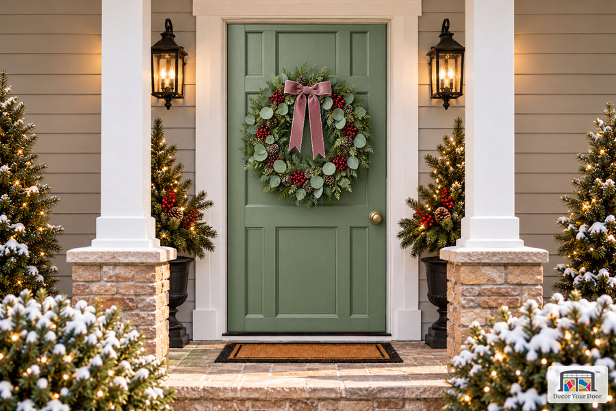 Sage Eucalyptus Christmas Front Door Cover on a snowy Christmas porch, front view.