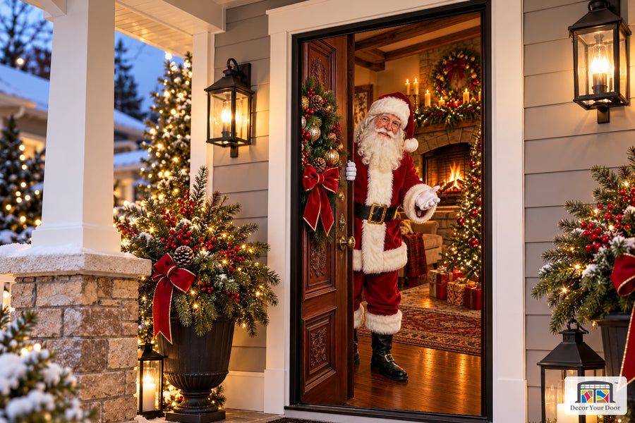 Santa Opens the Mahogany Door Front Door Cover on the approved Christmas porch, angled view.