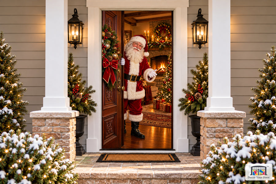 Santa Opens the Mahogany Door Front Door Cover on a snowy Christmas porch, front view.