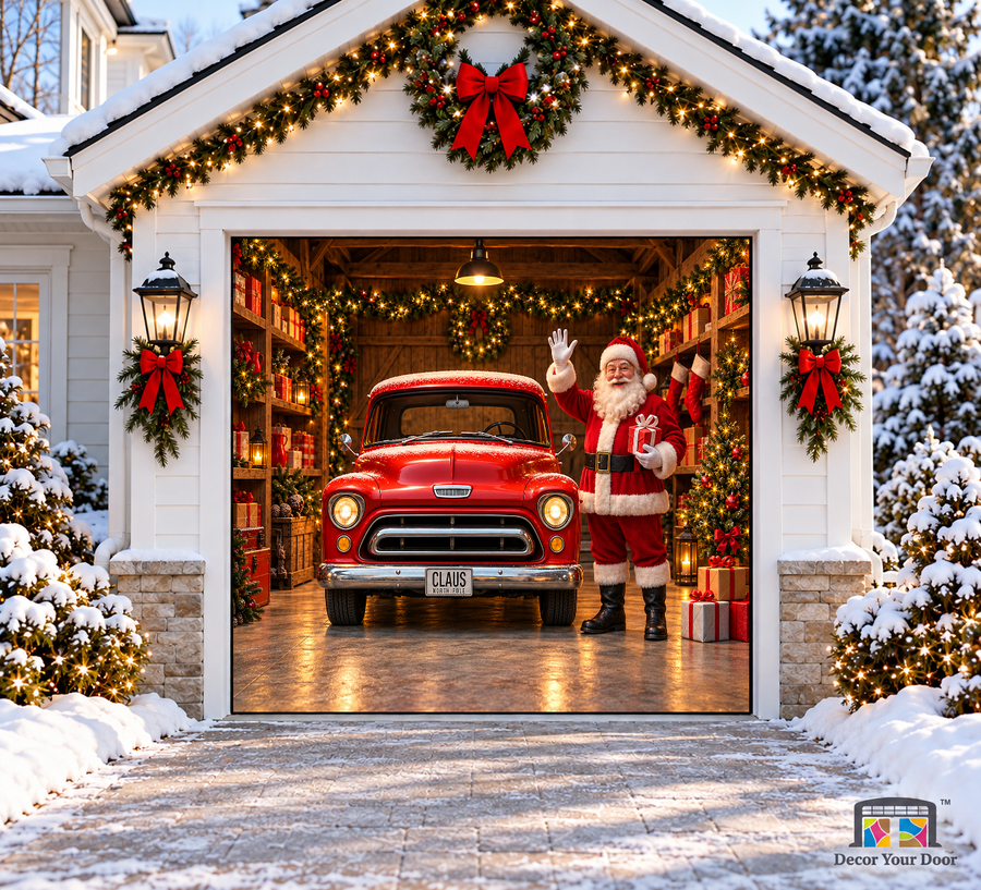 Santa's Classic Ride Christmas Garage Door Cover — one-car garage front view