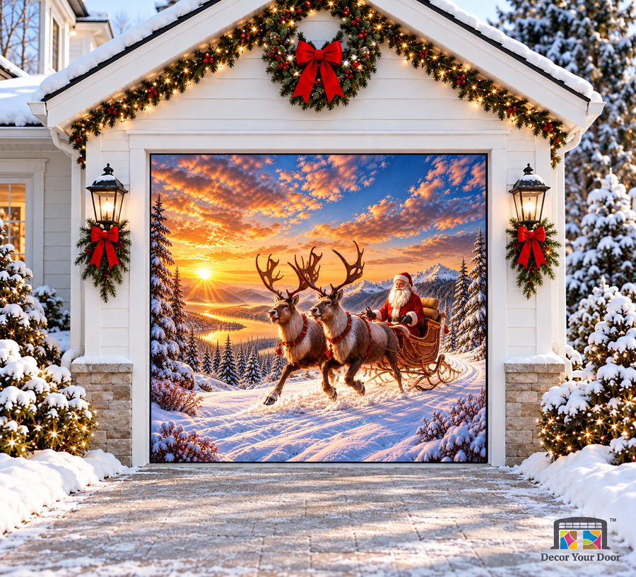 Santa's Reindeer Sleigh Christmas Garage Door Cover — one-car garage front view