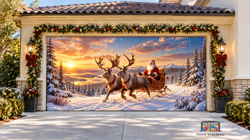 Santa's Reindeer Sleigh Christmas Garage Door Cover — two-car garage front view