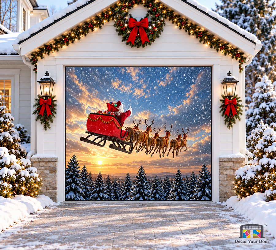 Santa Sleigh & Gifts Christmas Garage Door Cover — one-car garage front view