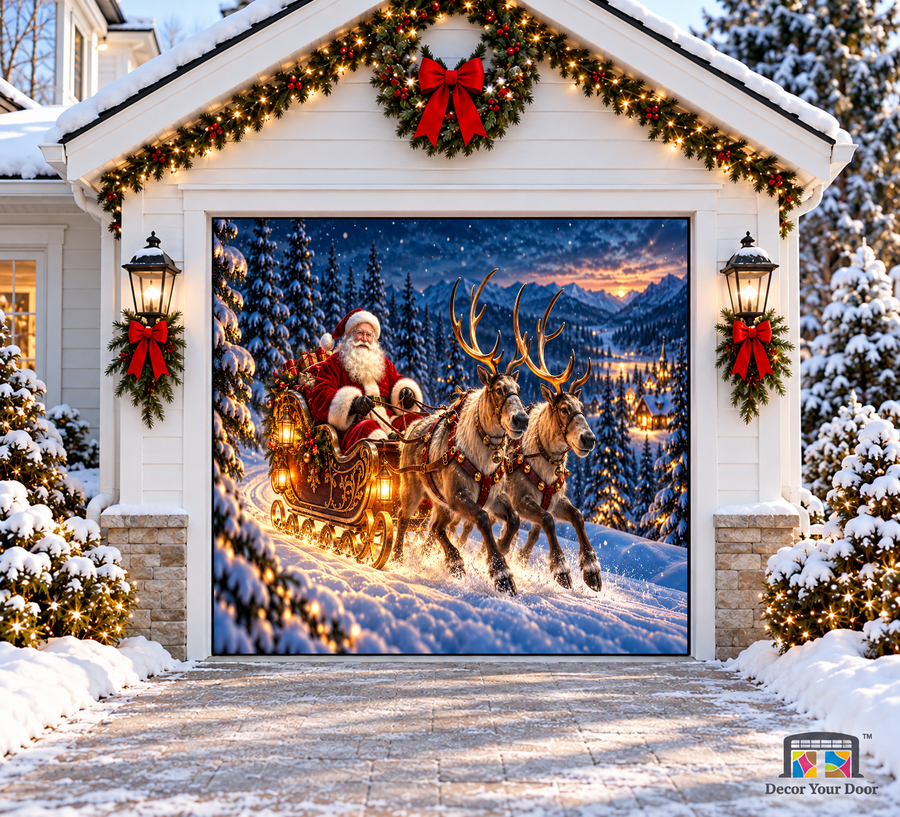 Santa Sleigh & Reindeer Christmas Garage Door Cover — one-car garage front view