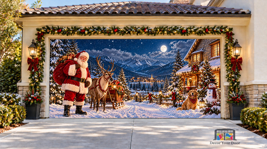 Santa Alpine Christmas Delivery Garage Door Cover - two-car garage front house view