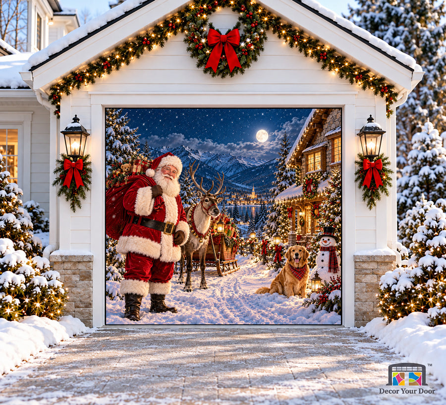 Santa Alpine Christmas Delivery Garage Door Cover - one-car garage front house view