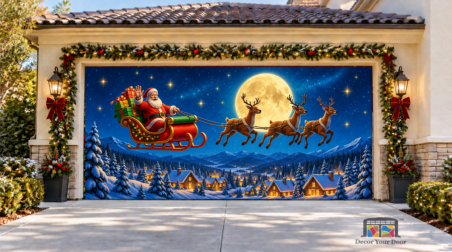 Santa’s Moonlight Flight Christmas Garage Door Cover — Two-car garage front view