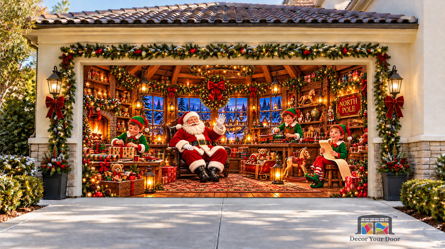 Santa North Pole Workshop Christmas Garage Door Cover - two-car garage front house view