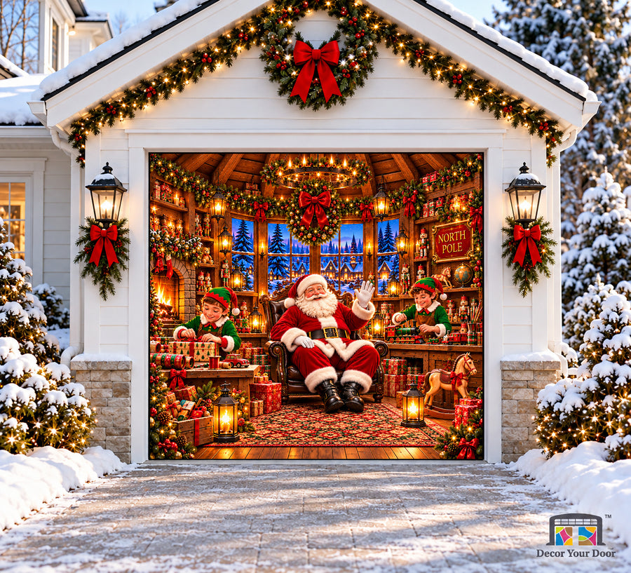 Santa North Pole Workshop Christmas Garage Door Cover - one-car garage front house view
