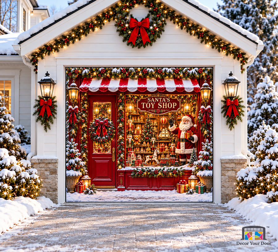 Santa Toy Shop Christmas Garage Door Cover - one-car garage front house view
