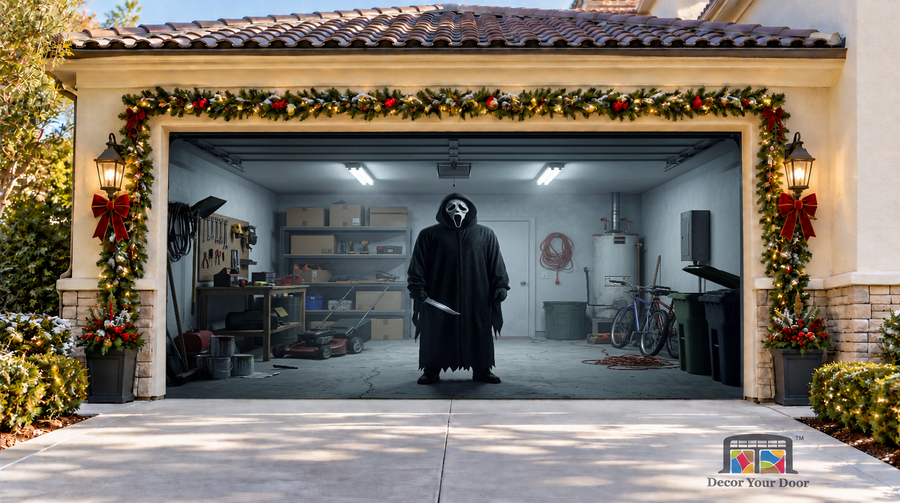 Scream Garage Encounter Halloween Garage Door Cover — two-car front view