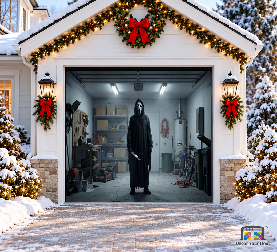 Scream Garage Encounter Halloween Garage Door Cover — one-car front view