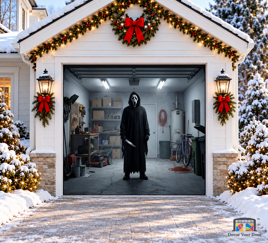 Scream Garage Encounter Halloween Garage Door Cover, one-car front view