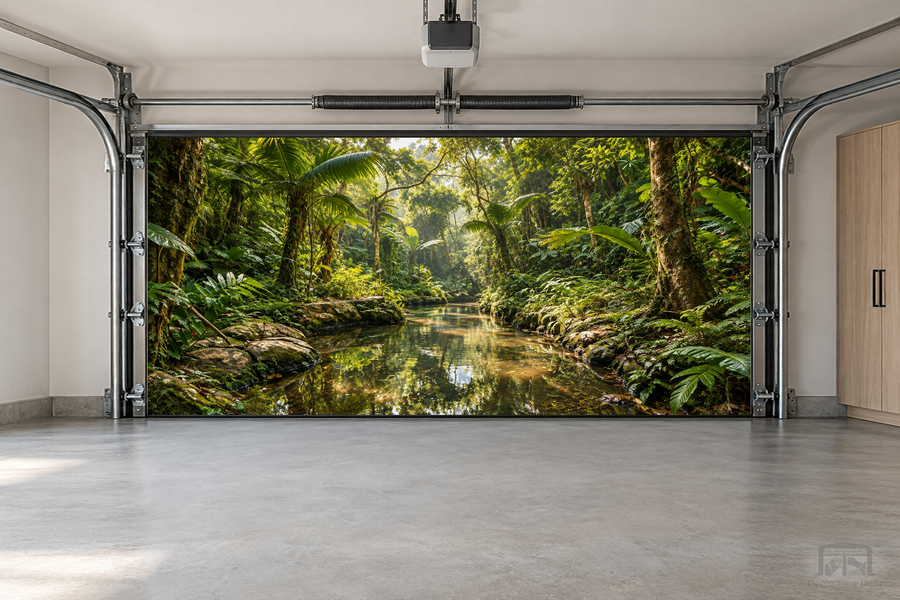 Serenity Jungle Stream interior garage door cover — two-car front view