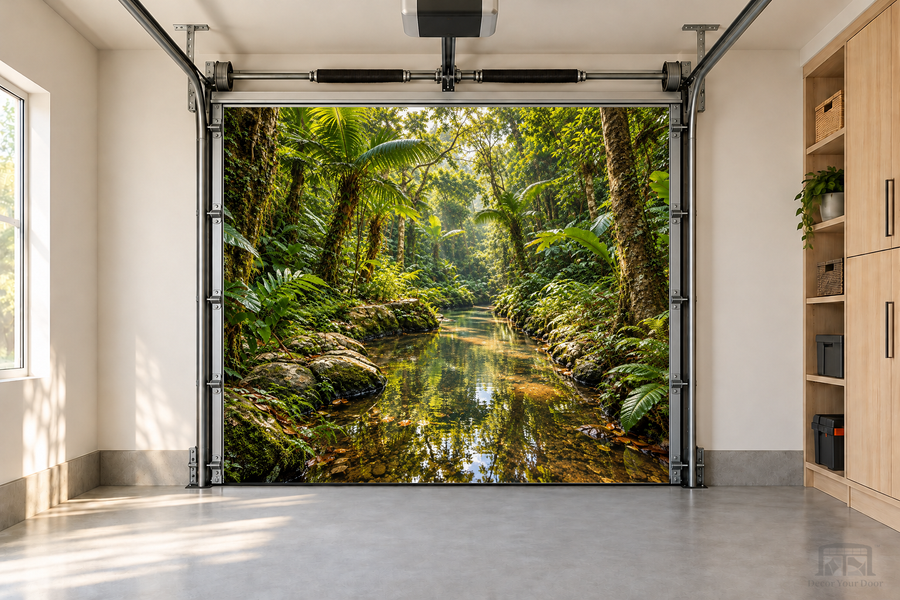 Serenity Jungle Stream interior garage door cover — one-car front view