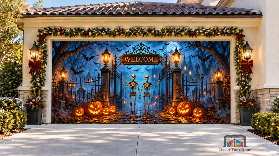 Skeleton Gate Welcome Halloween Garage Door Cover — two-car front view
