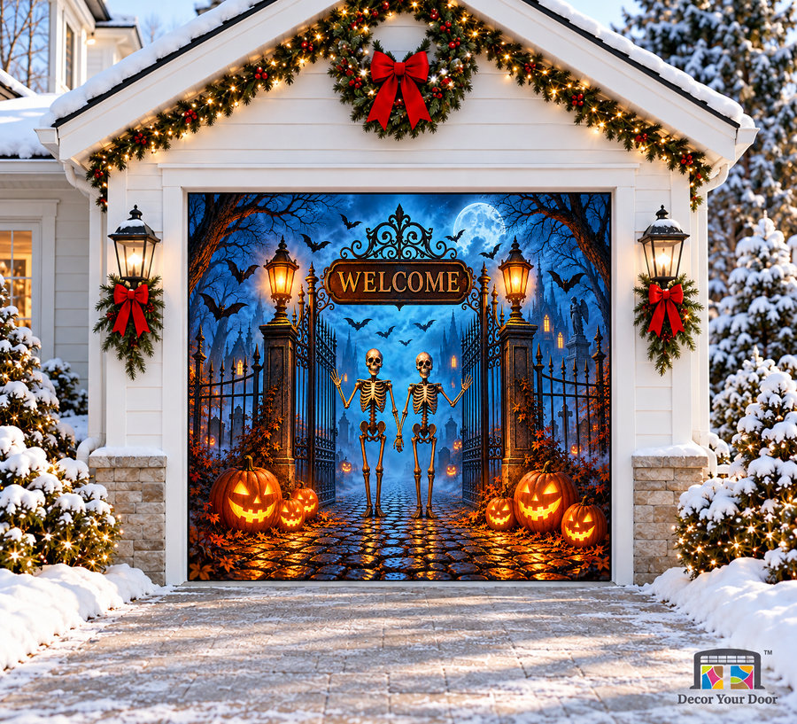 Skeleton Gate Welcome Halloween Garage Door Cover — one-car front view