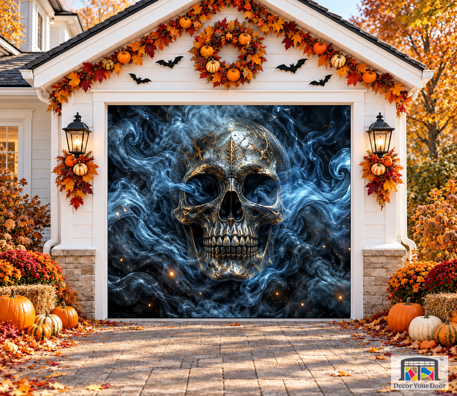 Skull in Storm Smoke Halloween garage door cover – One Car front view