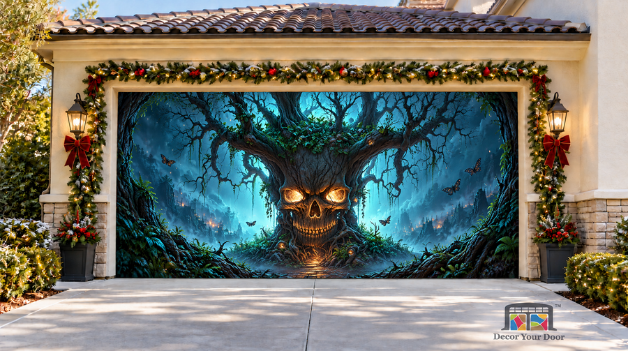 Skull Tree Halloween Garage Door Cover — two-car front view
