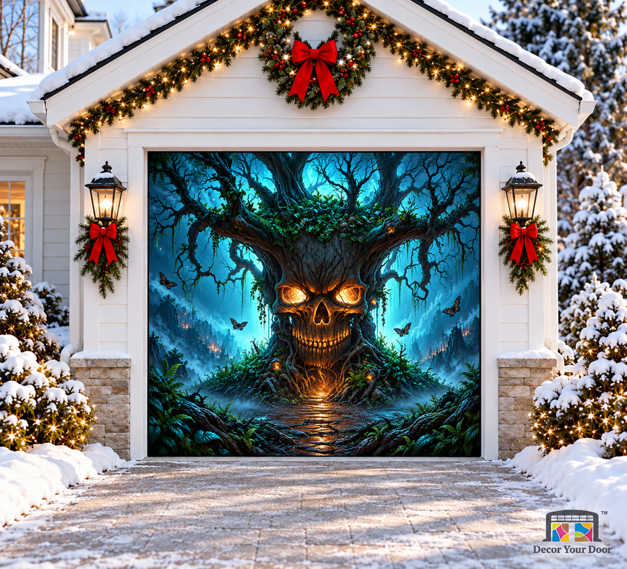 Skull Tree Halloween Garage Door Cover — one-car front view