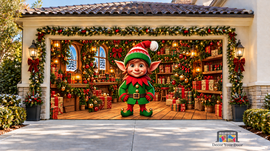 Smiling Elf Delight garage door cover — Two Car Front